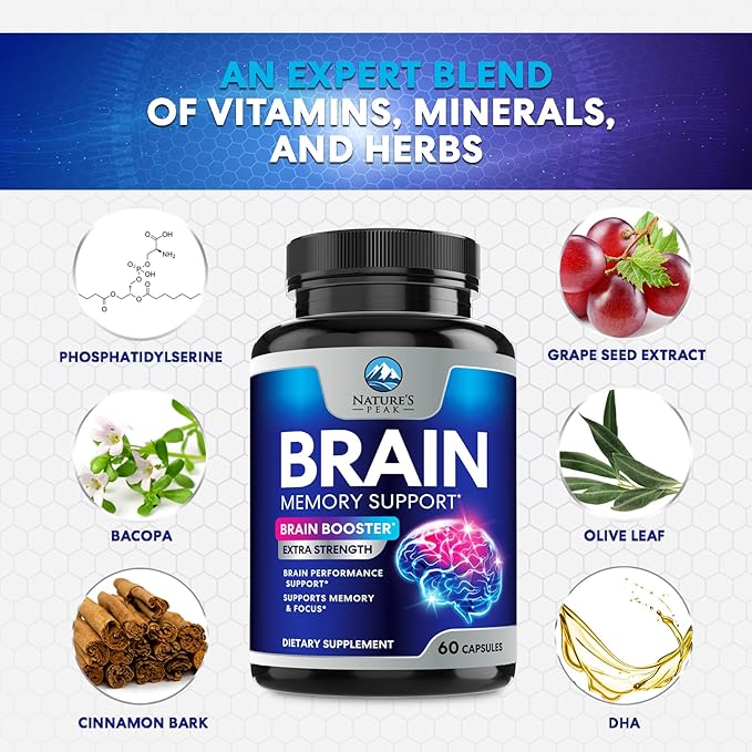 Brain Memory Supplement - 3X Strength Nootropics for Concentration, Clarity & Focus Support - Brain Health Cognitive Vitamins with Bacopa, Phosphatidylserine & DMAE, Brain Booster Pills, 60 Capsules