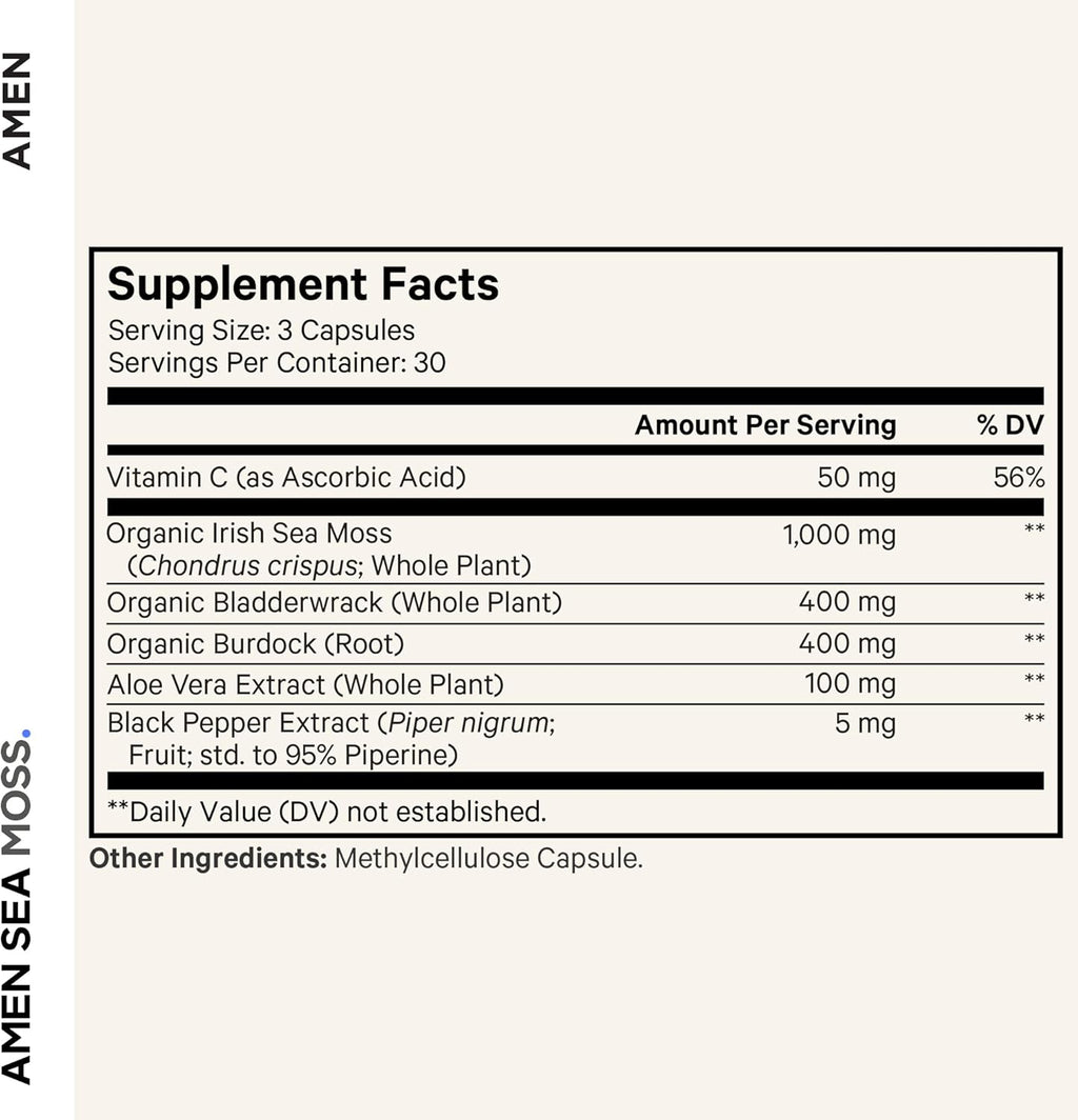 Amen Sea Moss Supplement - 1000mg Organic Irish Sea Moss, Bladderwrack, Burdock - Vitamin C, Aloe Vera, Black Pepper - Seaweed Superfood, Vitamins, Minerals, and Antioxidants - Non-GMO - 90 Capsules