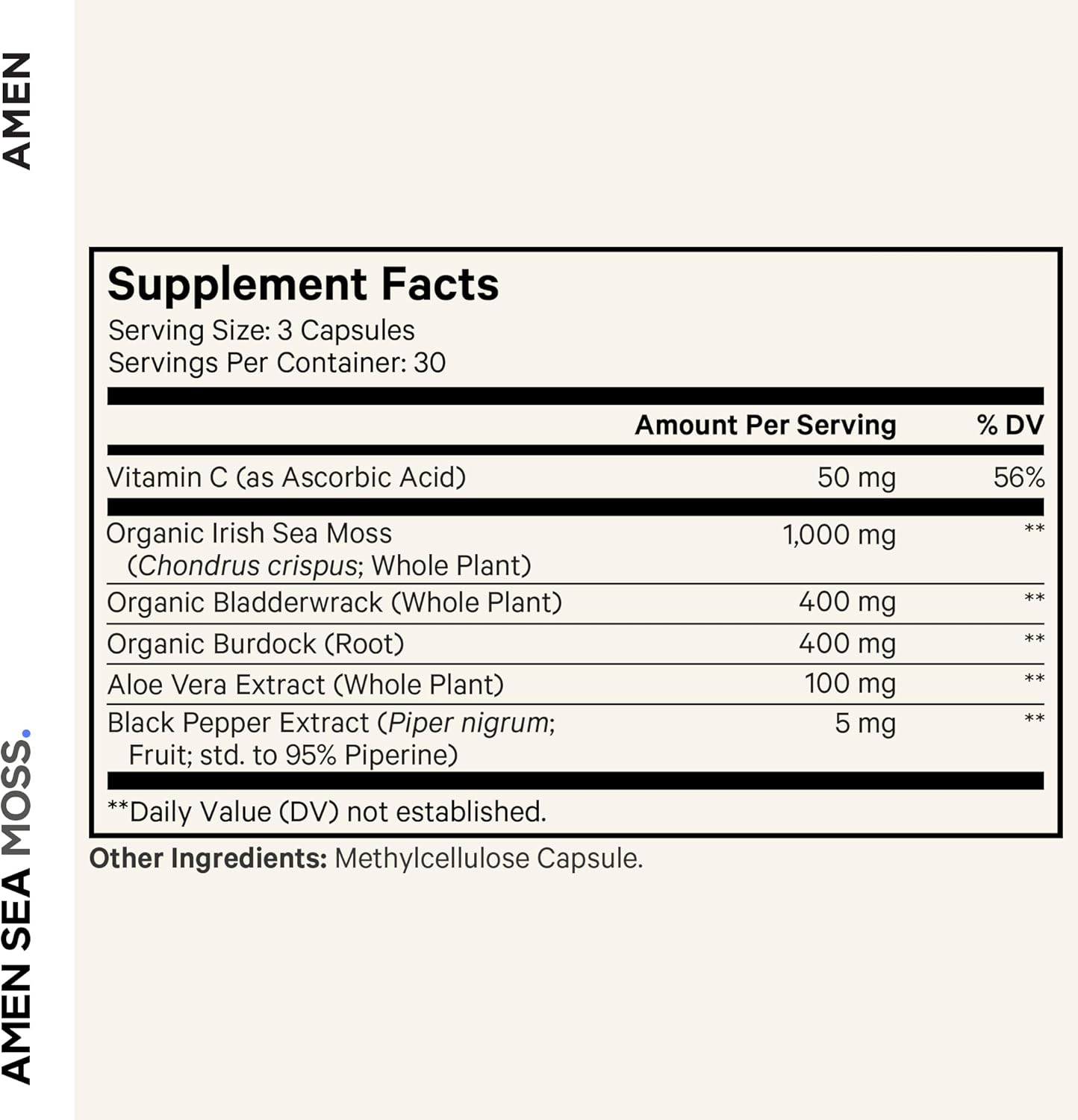 Amen Sea Moss Supplement - 1000mg Organic Irish Sea Moss, Bladderwrack, Burdock - Vitamin C, Aloe Vera, Black Pepper - Seaweed Superfood, Vitamins, Minerals, and Antioxidants - Non-GMO - 90 Capsules