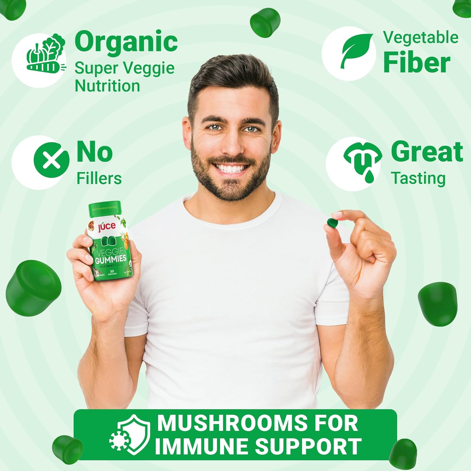 Juce Veggie Whole Superfood Gummies, Wild Berry Flavor - Plant-Based Energy, Vegan, Non-GMO, Soy Free, Nutrient-Packed, By Terra Kai Organics