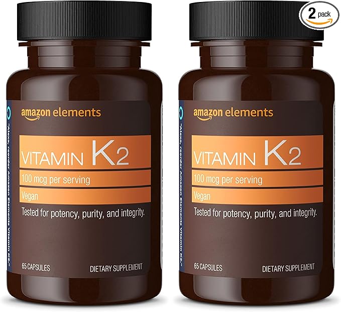 Amazon Elements Vitamin K2 100 mcg, Vegan, 65 Capsules, 2 Month Supply (Packaging May Vary) (Pack of 2)