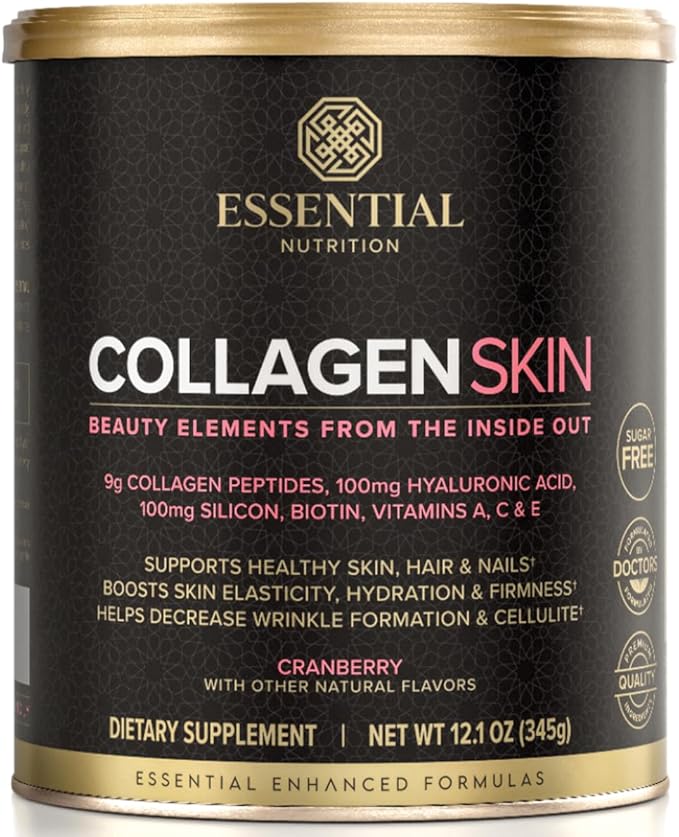 Essential Nutrition Collagen Skin - Hydrolyzed Collagen Peptides, with Hyaluronic Acid, Silicon & Biotin - Hair, Skin & Nails - Cranberry - 11.9 oz (30 Servings)