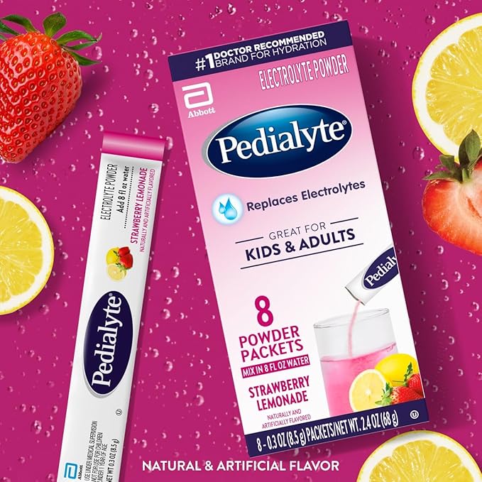 Pedialyte Electrolyte Powder | Hydration Drink for Kids & Adults | Strawberry Lemonade, 100 Powder Packets