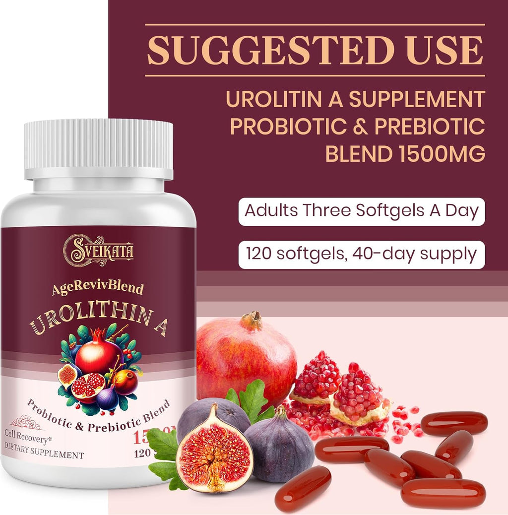 Urolithin A Supplement 1500mg – Advanced Urolithin Formula with Probiotic & Prebiotic Complex and 30% Pomegranate Extract – for Energy, Mitochondrial & Antioxidants – 120 Softgels (2 Bottles)