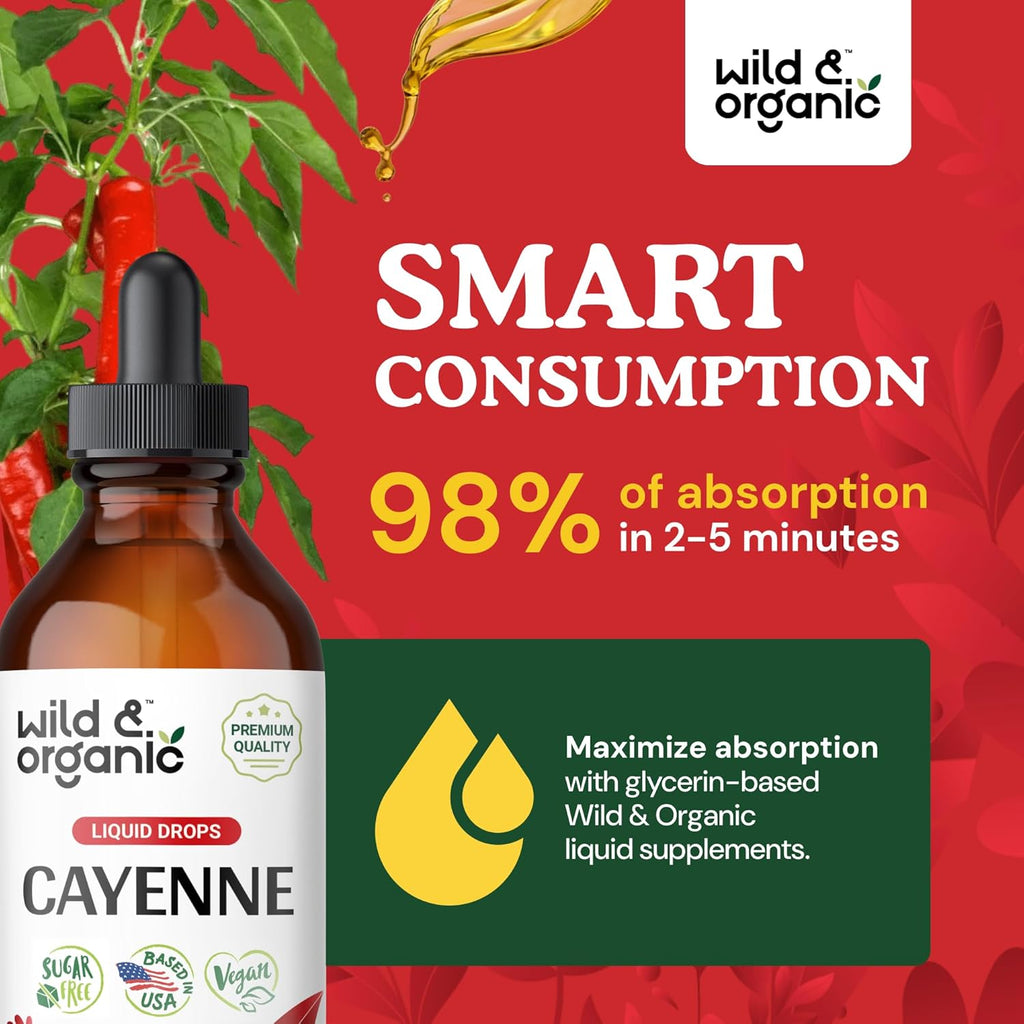 Wild & Organic Cayenne Pepper Tincture - Digestive Support with Capsaicin Extract - Cayenne Pepper Liquid Drops for Overall Well-Being - Vegan, Sugar & Alcohol-Free - 4 fl oz (Pack of 2)