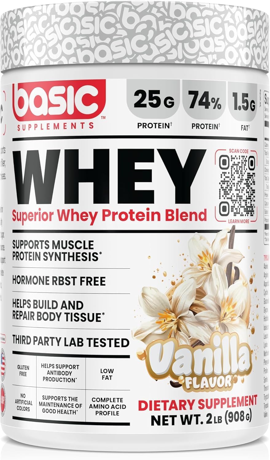 Whey Protein Powder, 25g Protein, Complete Amino Acid Profile, Gluten-Free, Low Fat, RBST-Free, Supports Muscle Recovery & Antibody Health (2 Pound, Vanilla)