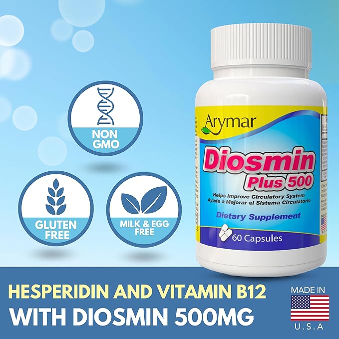 ARYMAR Diosmin 500mg with B-Complex - Circulatory Support Supplement for Leg Vein Health and Normal Blood Flow - 60 Capsules