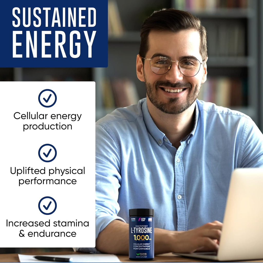 L Tyrosine 1000MG Capsules - All-Natural L- Tyrosine Supplement for Focus & Energy Boost - Non-GMO & Gluten-Free - Vegan 150 Caps -500mg x 2 per Serving