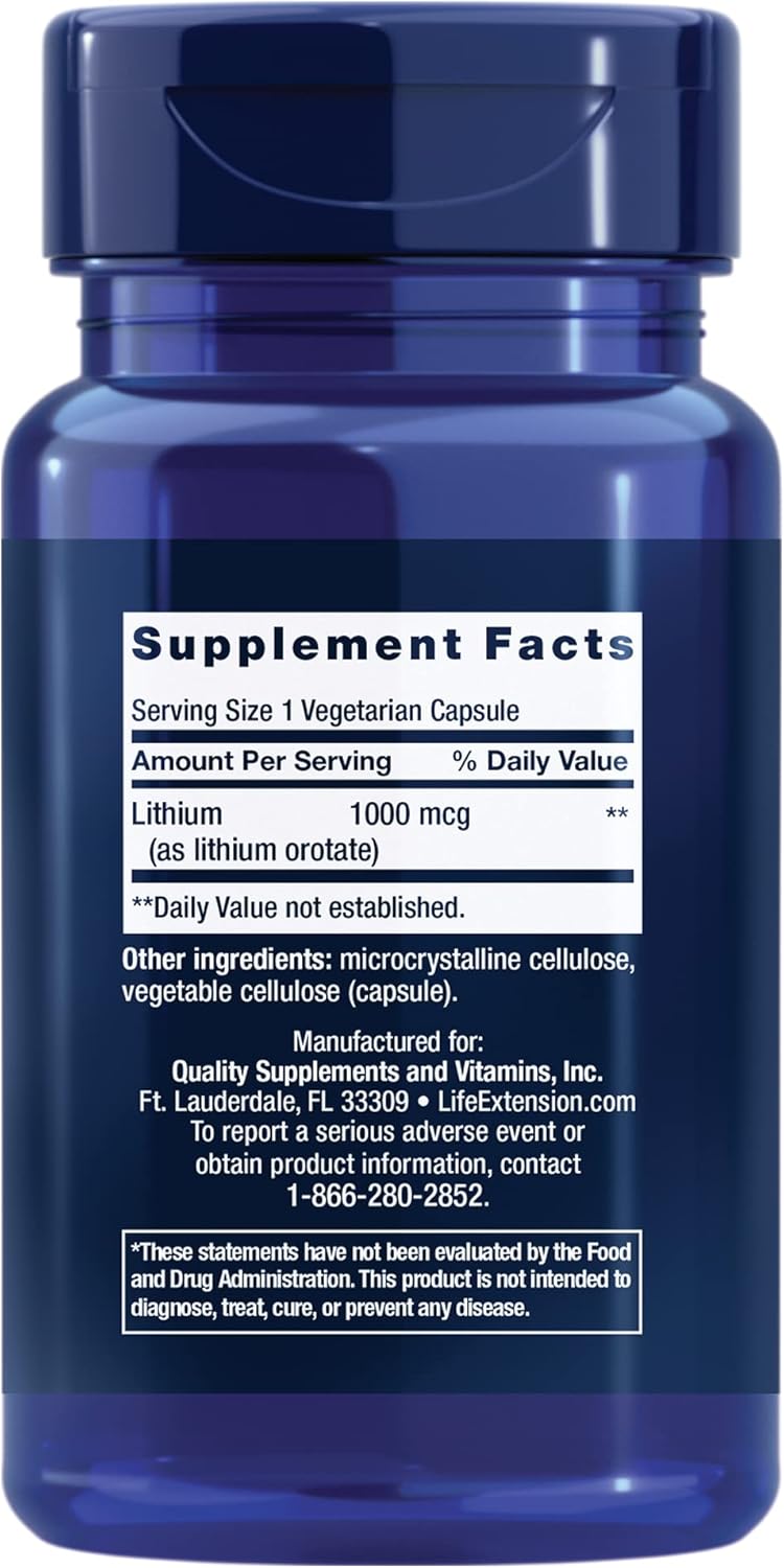 Life Extension Lithium, 1000 mcg – Lithium Orotate – Helps Maintain Cognitive Function & Memory – Low-Dose Formula – Non-GMO, Gluten-Free, Vegetarian – 100 Capsules