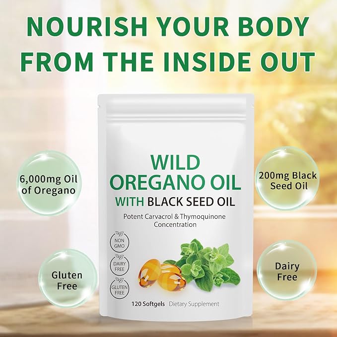 2 Pack Oil of Oregano Softgels, Oregano Oil Capsules, 165mg Carvacrol, 2 in 1 Formulated Oil of Oregano with Black Seed Oil 200mg, Oregano Oil Supplement Capsules