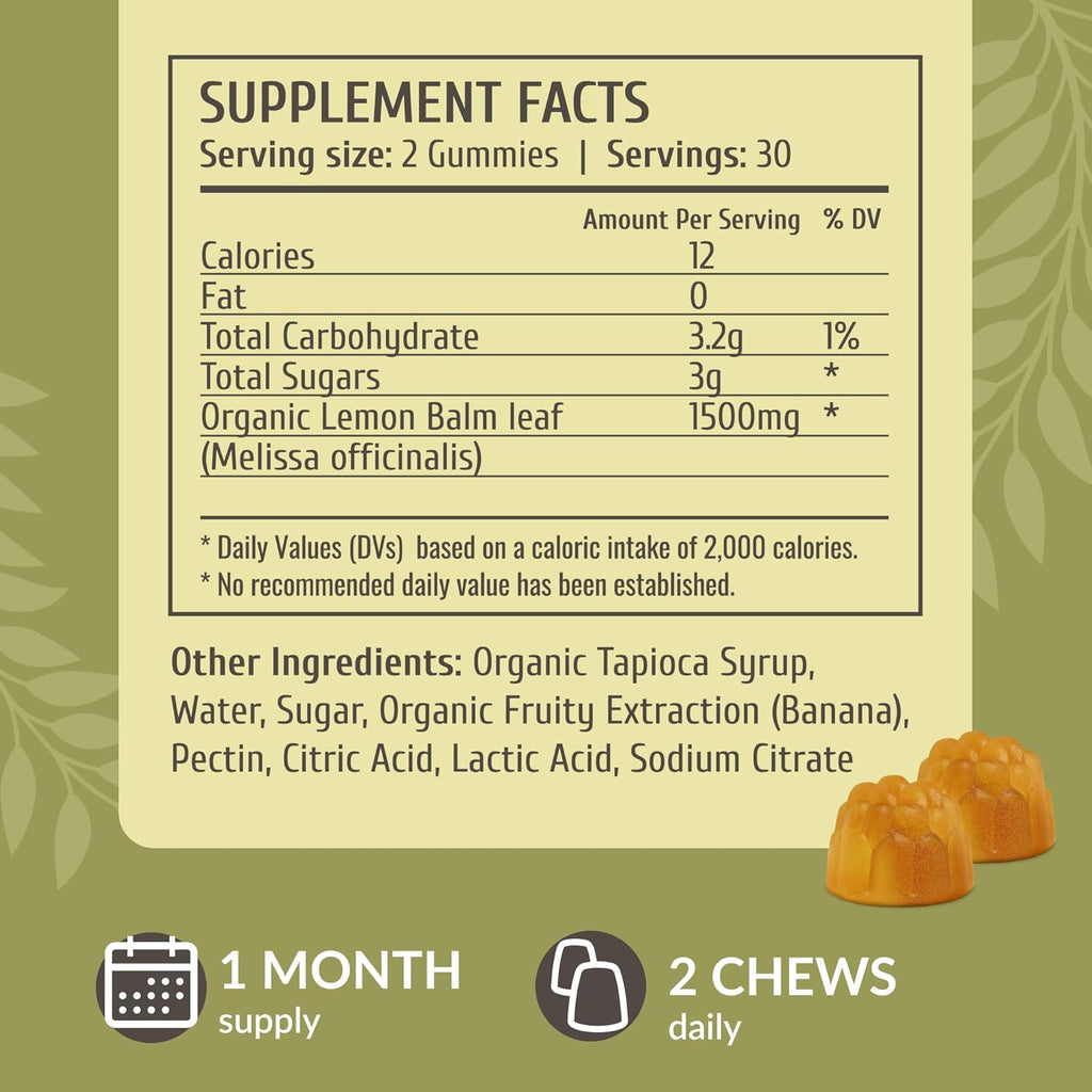 HERBAMAMA Lemon Balm Calming Gummies - 1500mg Lemon Balm Leaf for Relaxation - Vegan Non-GMO Melissa Officinalis Supplement - 60 Pectin-Based Banana-Flavored Chews