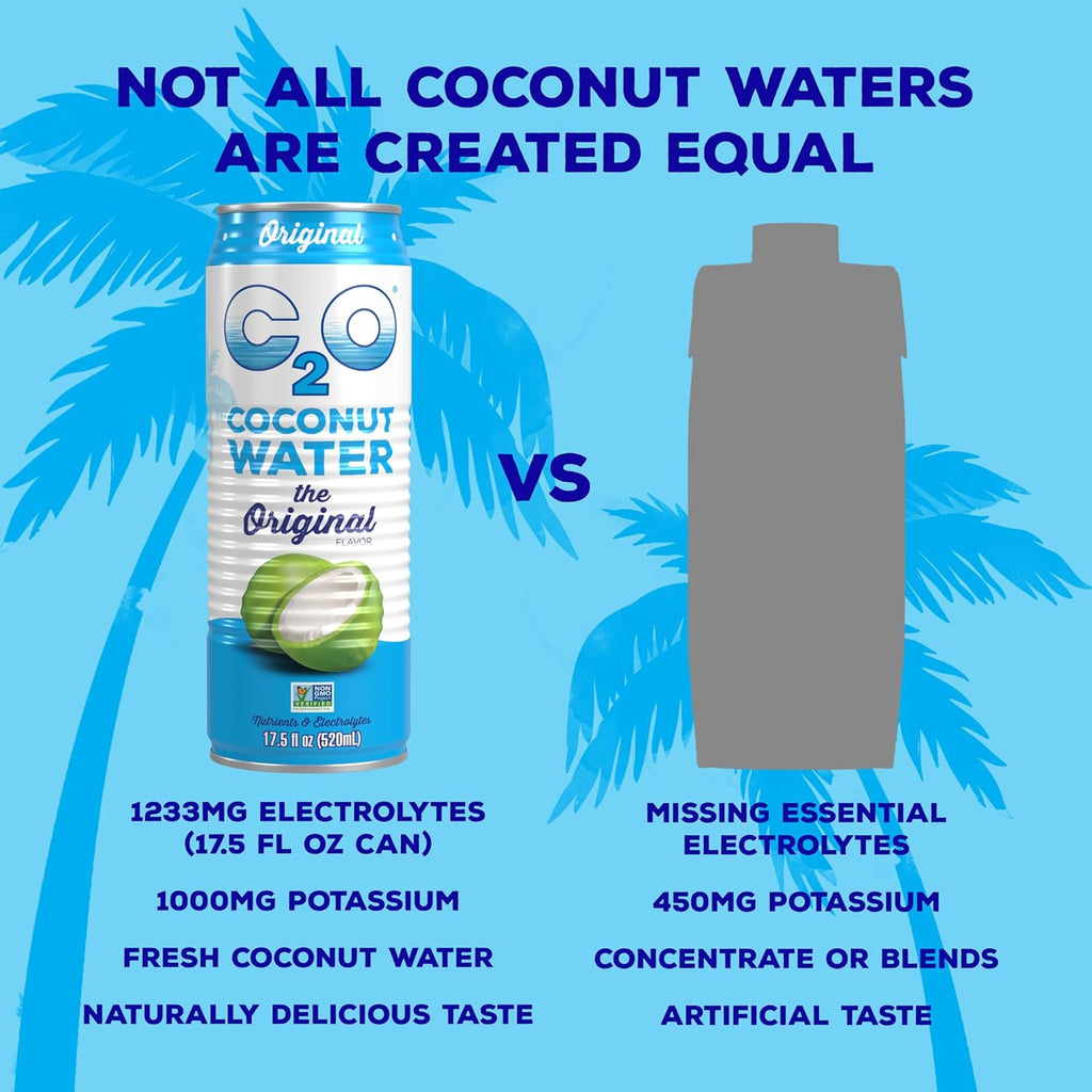 C2O - Coconut Water, The Original Flavor (12 Pack) - Made with Fresh Coconut Water, Plant Based - Non GMO Canned Water - Natural Hydration, Essential Electrolytes, & Potassium - 12 Cans, 17.5 FL OZ