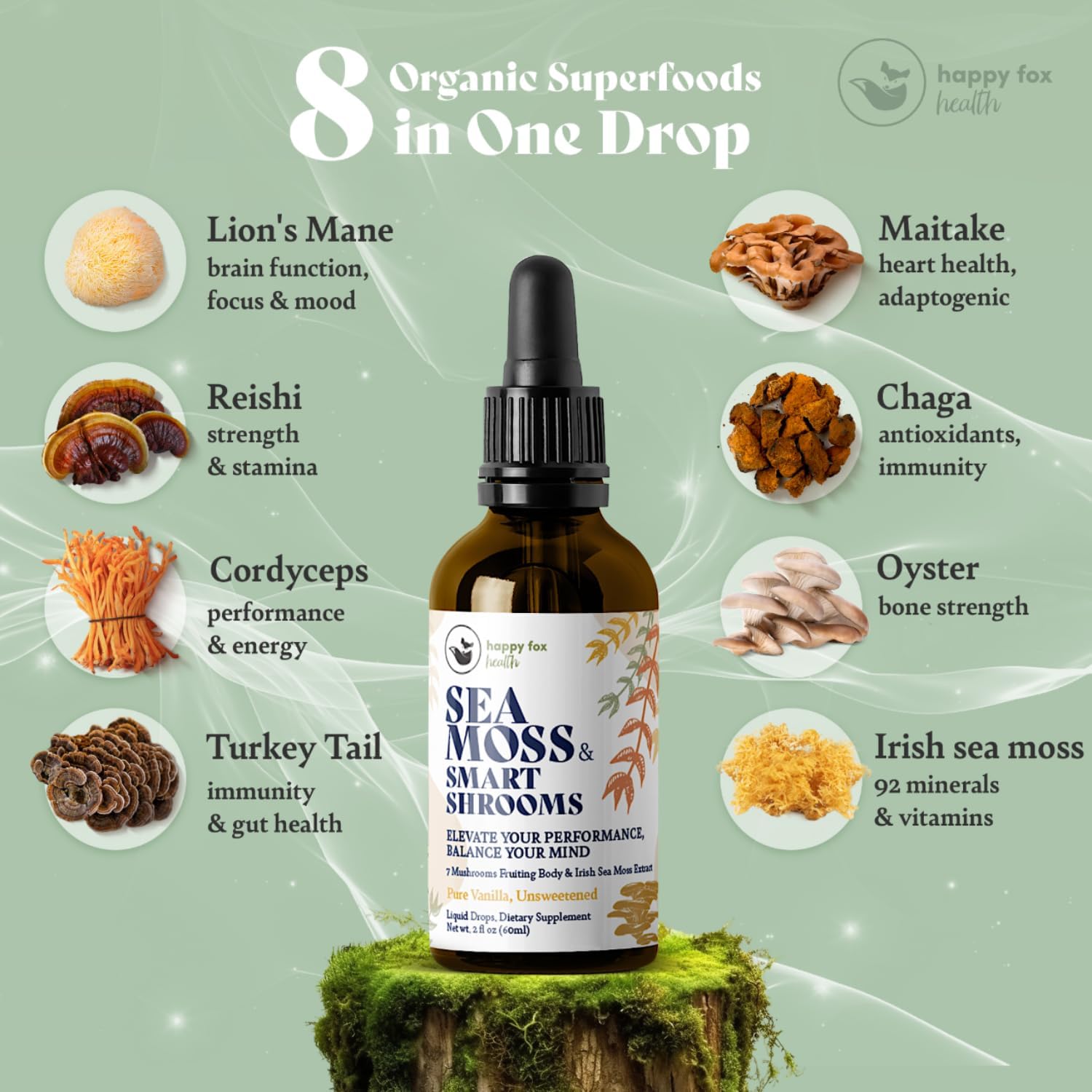 HAPPY FOX Irish Sea Moss Liquid Drops & Mushroom Tincture - Seamoss with 7 Adaptogenic Mushroom Extracts for Cognitive Support & Gut Health, Mushroom Coffee Elixir, Pure Vanilla Flavor