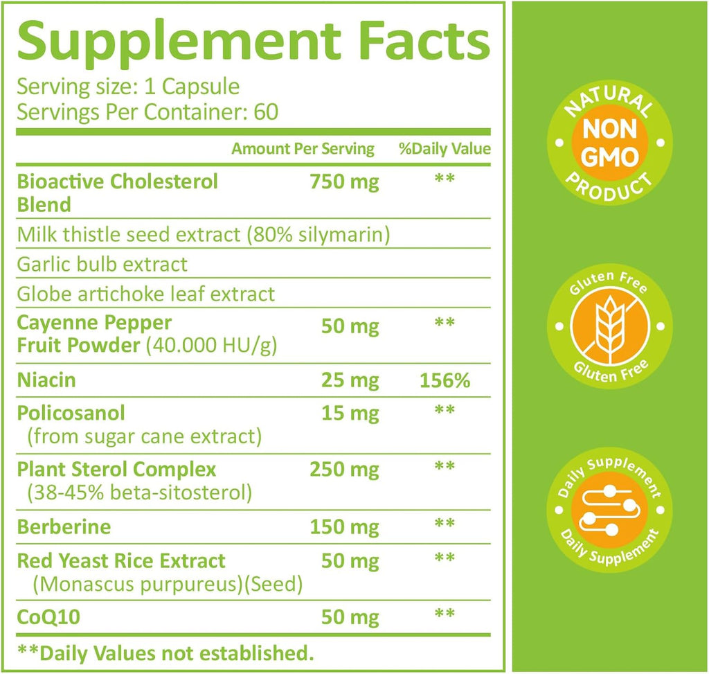 Cholesterol Lowering Supplements & Heart Support with Plant Sterols, Niacin, Red Yeast Rice, Cholesterol Supplements Support Normal Cholesterol Levels 120 Capsules