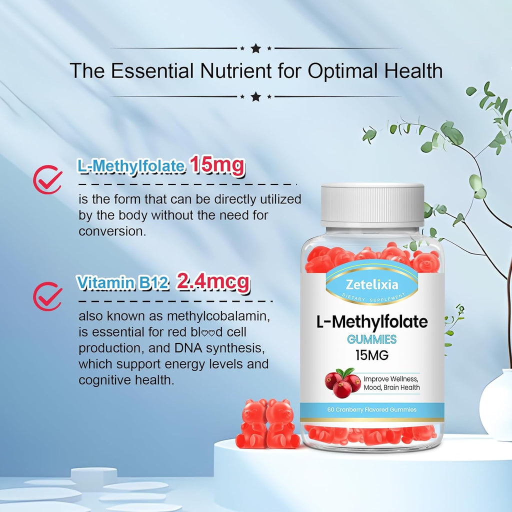 L-Methylfolate 15mg & Methyl B12 Gummies, Folate Supplement for Brain Health, Mood & Immunity, DNA Synthesis & Repair, Sugar Free, Vegan, Cranberry Flavor, 60 Count
