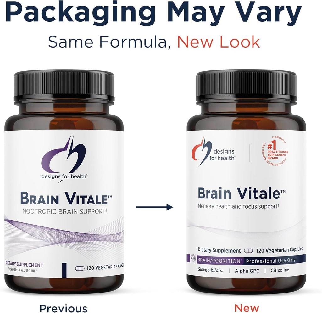 Designs for Health Brain Vitale with Cognizin Citicoline - 'Nootropic' Supplement to Help Support Cognition, Mood + Memory with GPC Choline, Ginkgo + Acetyl L Carnitine HCL (120 Capsules)