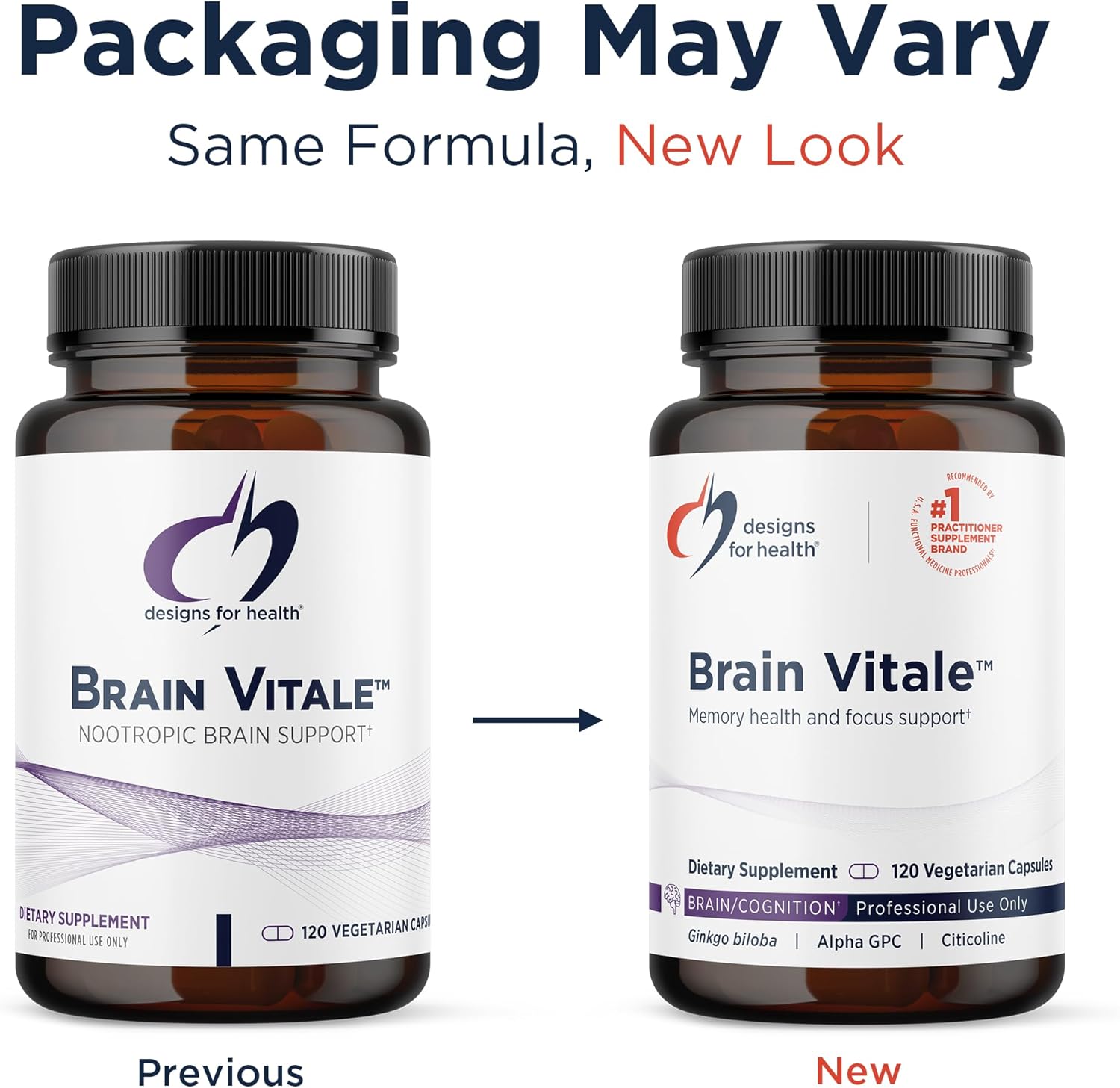 Designs for Health Brain Vitale with Cognizin Citicoline - 'Nootropic' Supplement to Help Support Cognition, Mood + Memory with GPC Choline, Ginkgo + Acetyl L Carnitine HCL (120 Capsules)