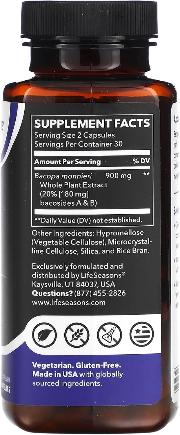 LifeSeasons Bacopa Extract 900 mg – Natural Memory & Focus Support Supplement, Mood Balance & Brain Health, 120 Veg Capsules, Non‑GMO, Gluten‑Free, Vegan Friendly