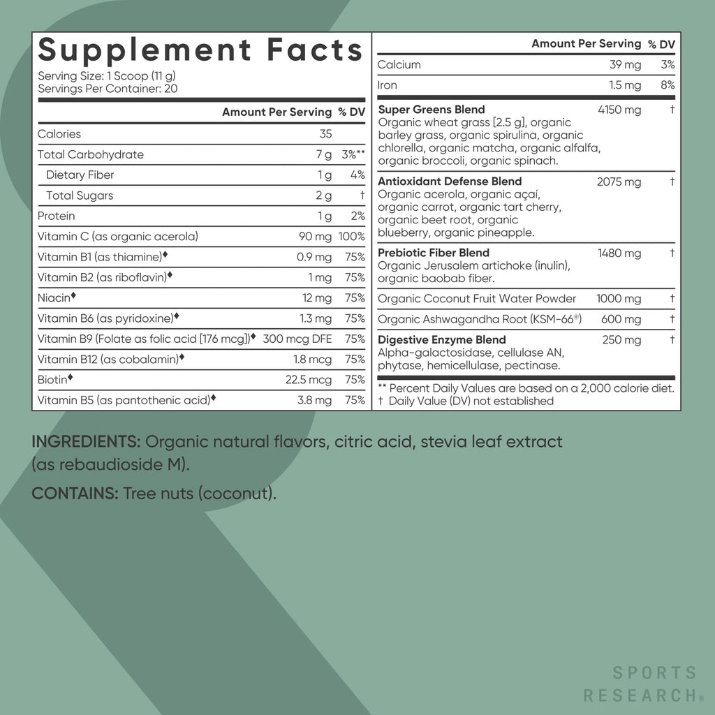 Sports Research® Organic Pineapple Coconut Greens - Digestive Health, Natural Energy & Mood Support* - Certified Organic Powder - 20 Servings
