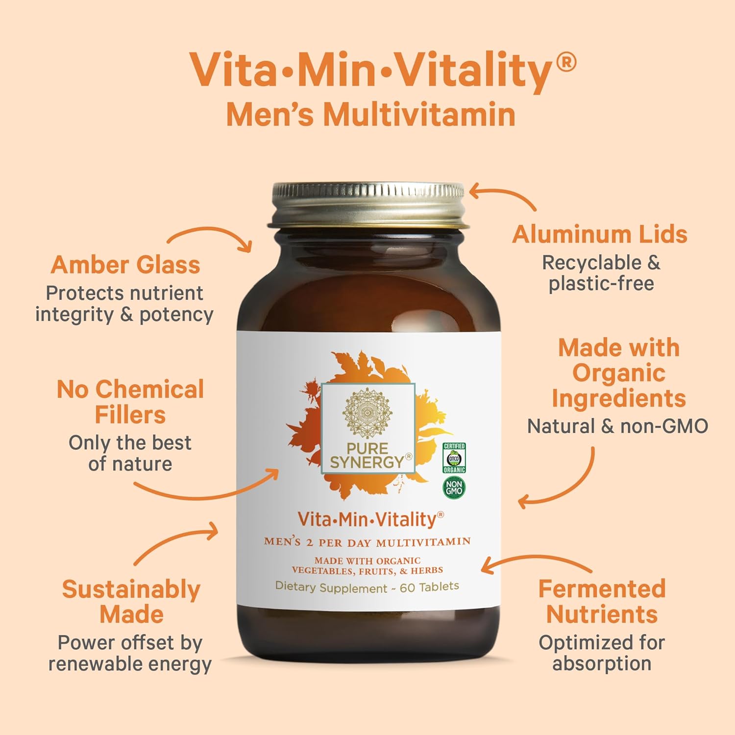 PURE SYNERGY Vita·Min·Vitality | Natural Multivitamin for Men | Men’s Daily Multivitamin Made with Organic Whole Foods | for Energy, Stress, and Immune Support (60 Tablets)