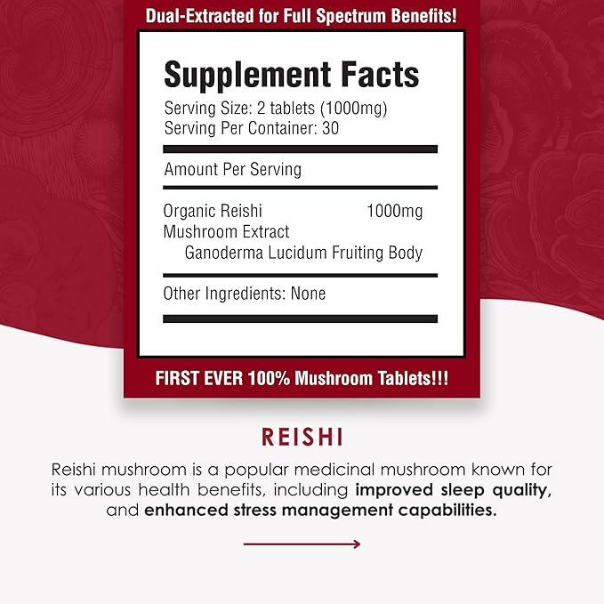 Reishi Mushroom Extract Tablets - 30g Monthly Supply - Dual-Extraction Fruiting Body - 35%+ Beta-glucans + Active Compounds - Pure Hardwood Log Grown - No Fillers or Additives