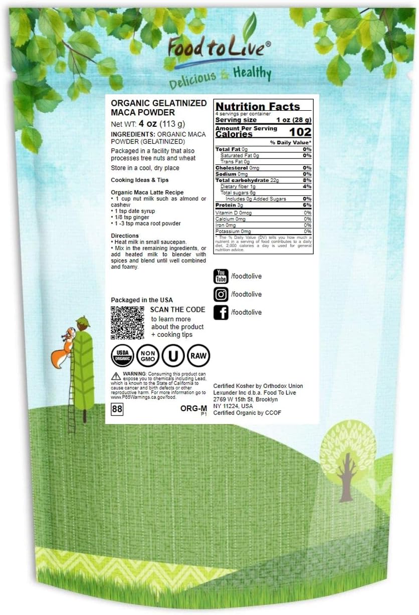 Food to Live Organic Maca Powder, 4 Ounces Gelatinized, Non-GMO, Kosher, Vegan, Bulk
