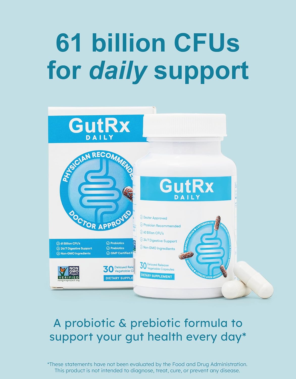Daily Probiotics for Women & Men with Bifidobacterium Longum & Prebiotics for Gut Health, Gluten Free Probiotics for Digestive Health – 61 Billion CFU, 30 Ct Enteric Coated Capsules