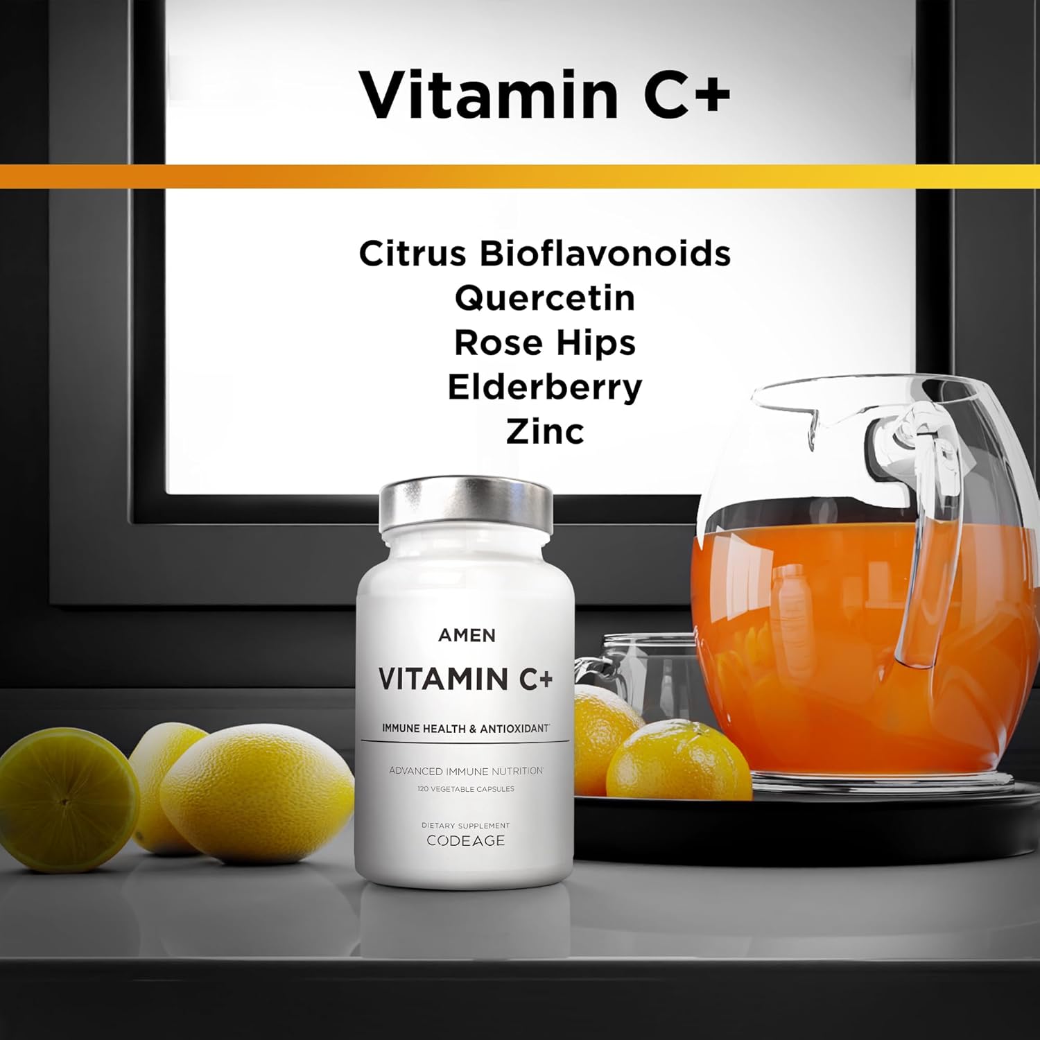 Amen Vitamin C+ Supplement with Zinc, Bioflavonoids, Quercetin, Rose HIPS, Elderberry – Vegan, Non-GMO – 2 Months Supply - 120 Capsules