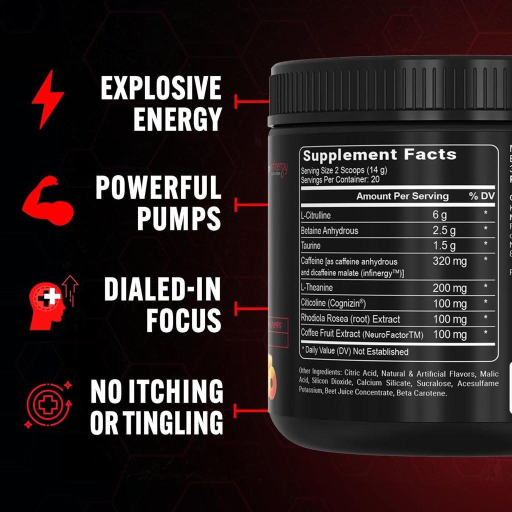 PEScience Prolific Pre Workout Powder for Men & Women with L-Citrulline Nitric Oxide Booster, Energy Powder & Nootropic for Focus – Preworkout Without Beta Alanine – 40 Scoops, Sour Peach Candy