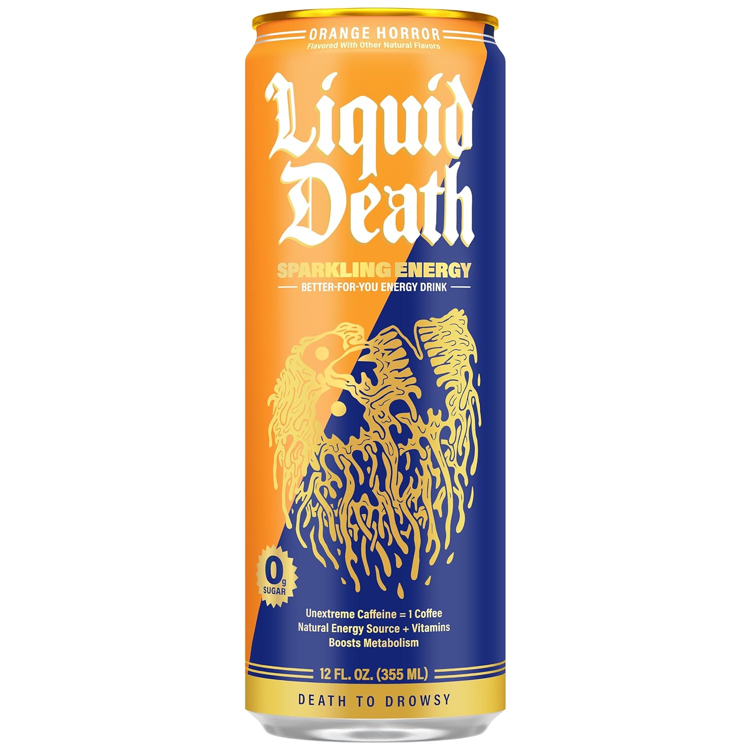 Liquid Death Sparkling Energy - Orange Horror (Orange and Cream Flavor), Sugar-Free Energy Drink, Unextreme Caffeine 100mg, B Vitamins, 12 Fl Oz (Pack of 12)