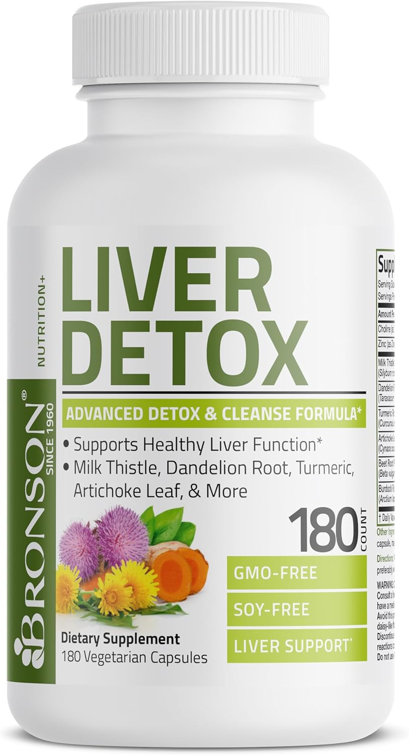 Bronson Liver Detox Advanced Detox & Cleansing Formula Supports Health Liver Function with Milk Thistle, Dandelion Root, Turmeric, Artichoke Leaf & More, Non-GMO, 180 Vegetarian Capsules