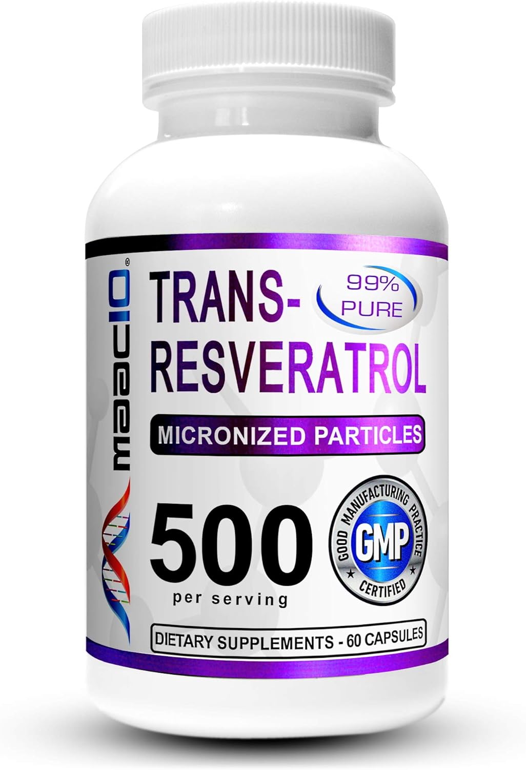 MAAC10 Trans Resveratrol 500mg Supplement (Micronized Pharmaceutical Grade 99% Pure Trans-Resveratrol Extract + BioPerine for Superior Absorption) (2X 250mg Capsules 60ct)