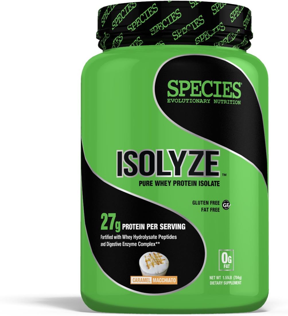 Species Nutrition Isolyze Whey Protein Powder, 100% Whey Isolate for Muscle Building, 27.5g Protein Per Scoop, No Sugar & Low Fat (Caramel Macchiato, 22 Servings)