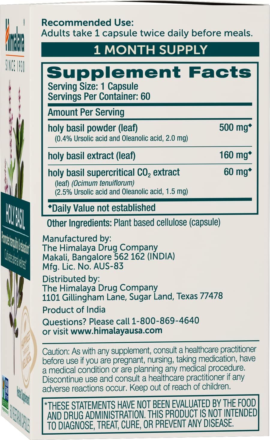 Himalaya Holy Basil, 30 Day Supply - Herbal Adrenal Support for Stress Relief, Relaxation, Energy Support and Occasional Sleeplessness - Vegan, Non-GMO, Gluten Free, 720 mg, 60 Capsules