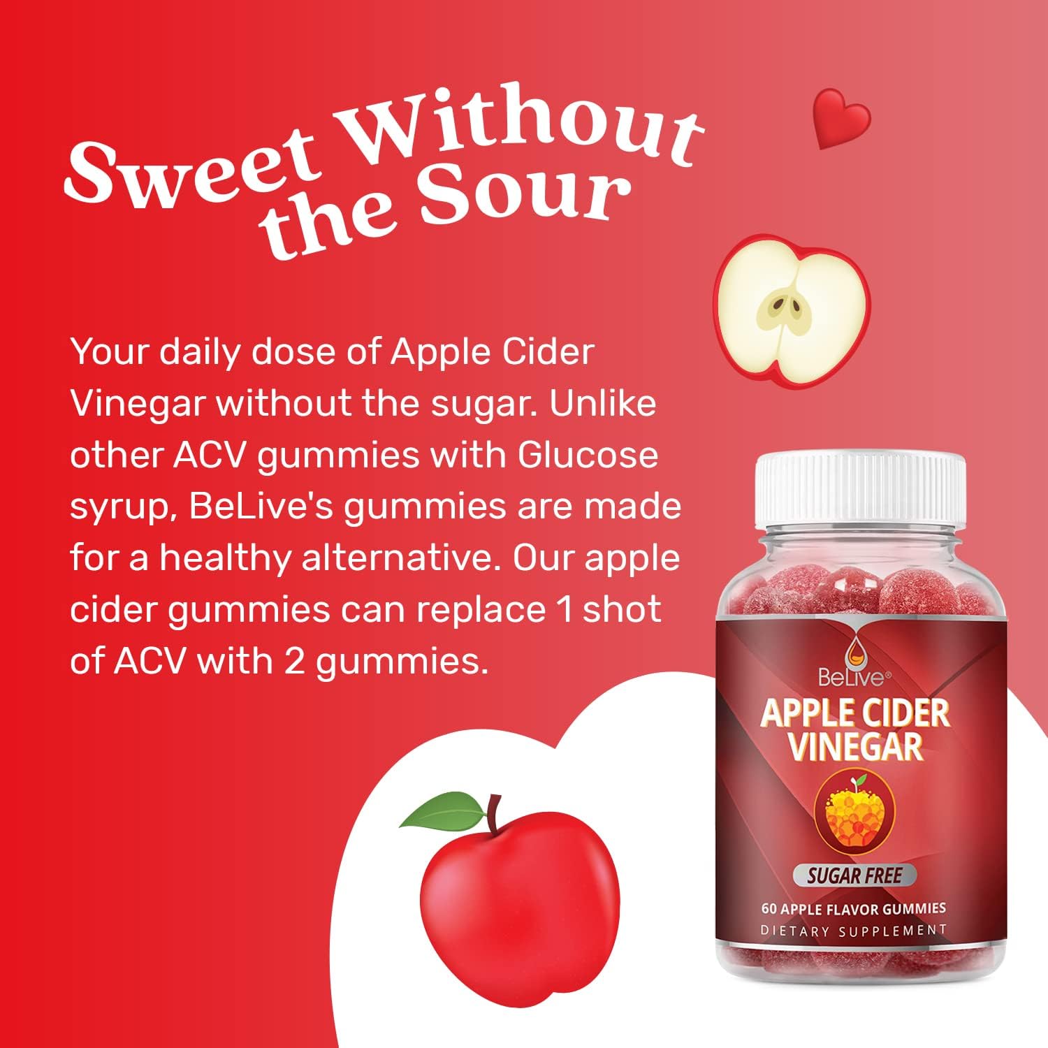 BeLive Apple Cider Vinegar Sugar Free Gummies – Great for Digestion & Healthy Diet - Gluten Free, No Glucose Syrup, ACV Gummies Alternative to Capsules & Drink (120 Ct) – 2 Pack