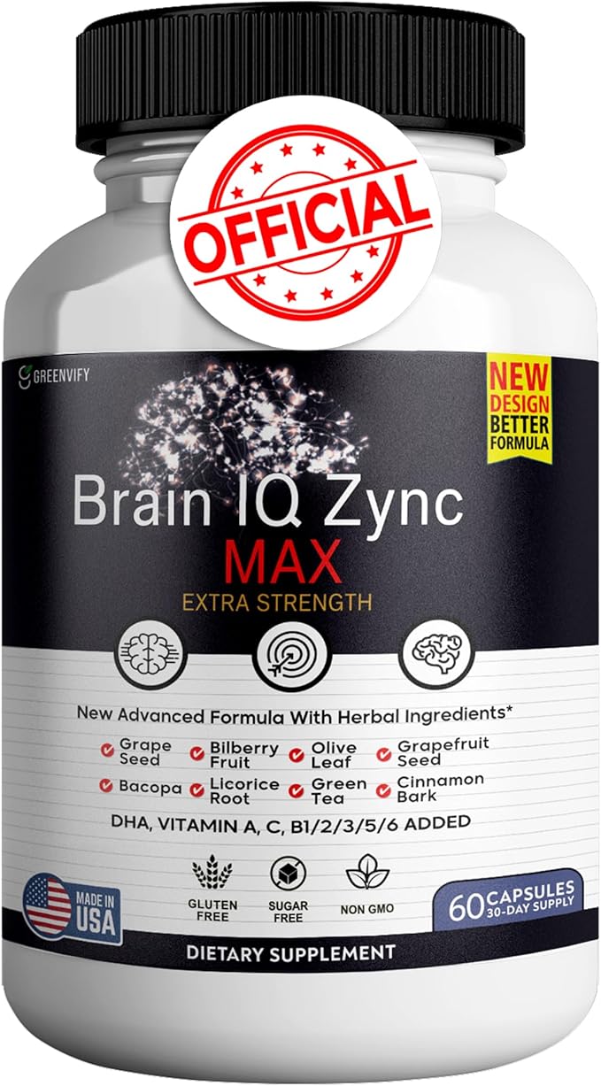Brain IQ Zinc Max - Natural Brain Support Supplement for Memory, Focus & Clarity - Clear Brain Fog & Boost Cognitive Function - 60 Capsules