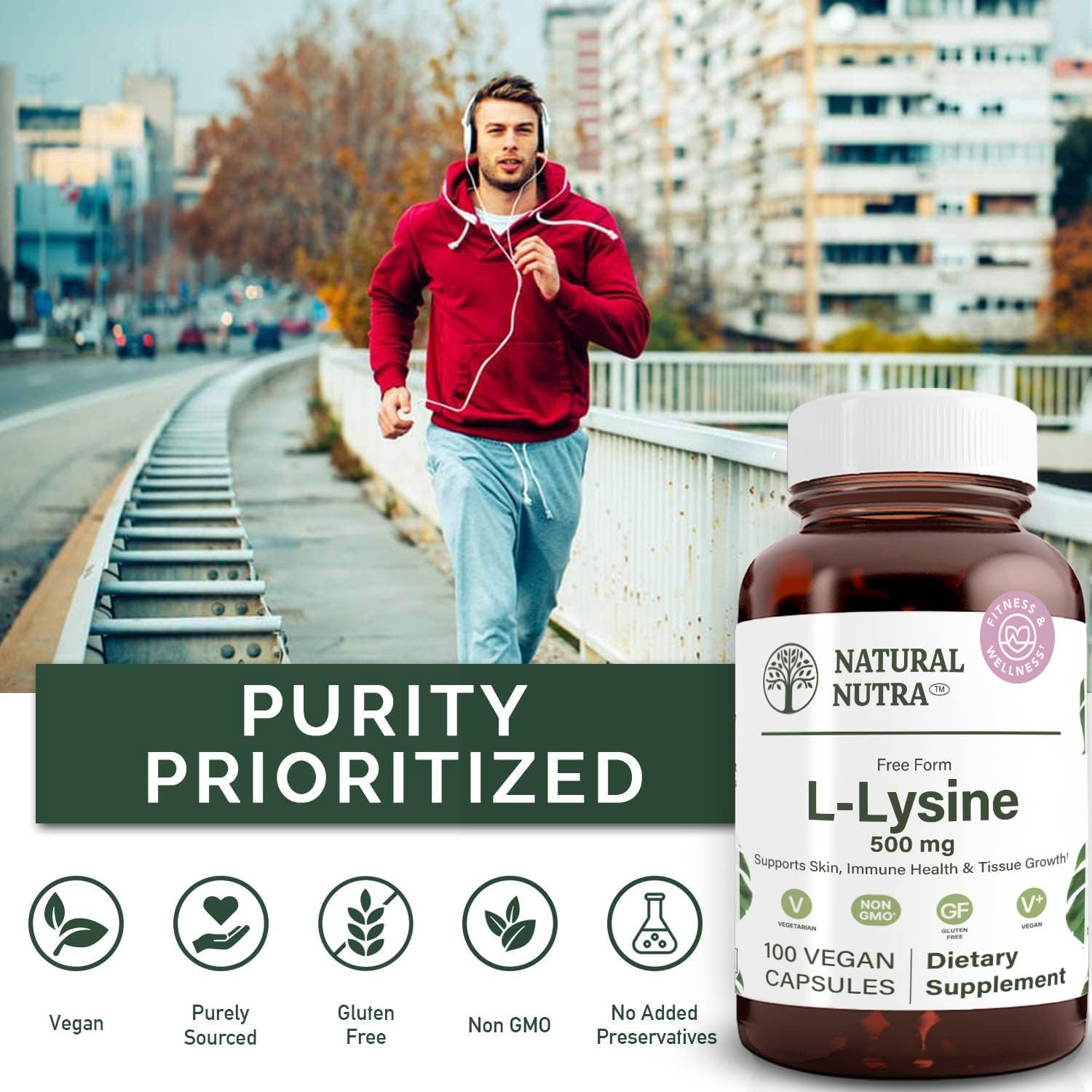 Natural Nutra L Lysine HCl, Promotes Bone Health and Growth, Support Skin Health, Improve Vitamin C Absorption, Helps Built Collagen, Improve Calcium Absorption, Non-GMO, Vegan, 500 mg, 100 Capsules.