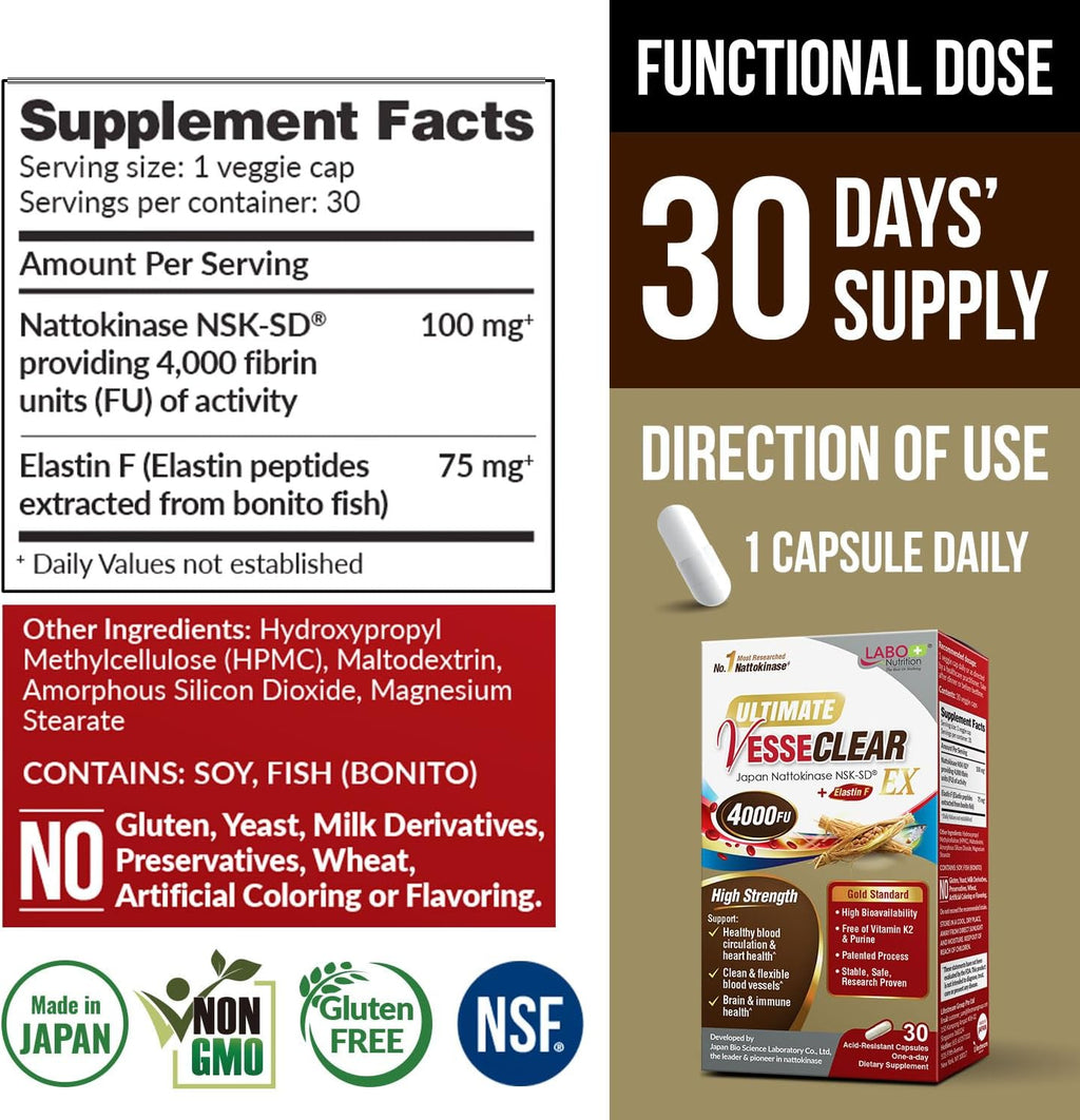 LABO Nutrition Ultimate VesseCLEAR EX Nattokinase NSK-SD 4000FU & Elastin F, Vessel Circulation & Brain Health Support, Japanese Supplement Shelf Stable Acid Resistant DRCaps Delayed Release Capsules