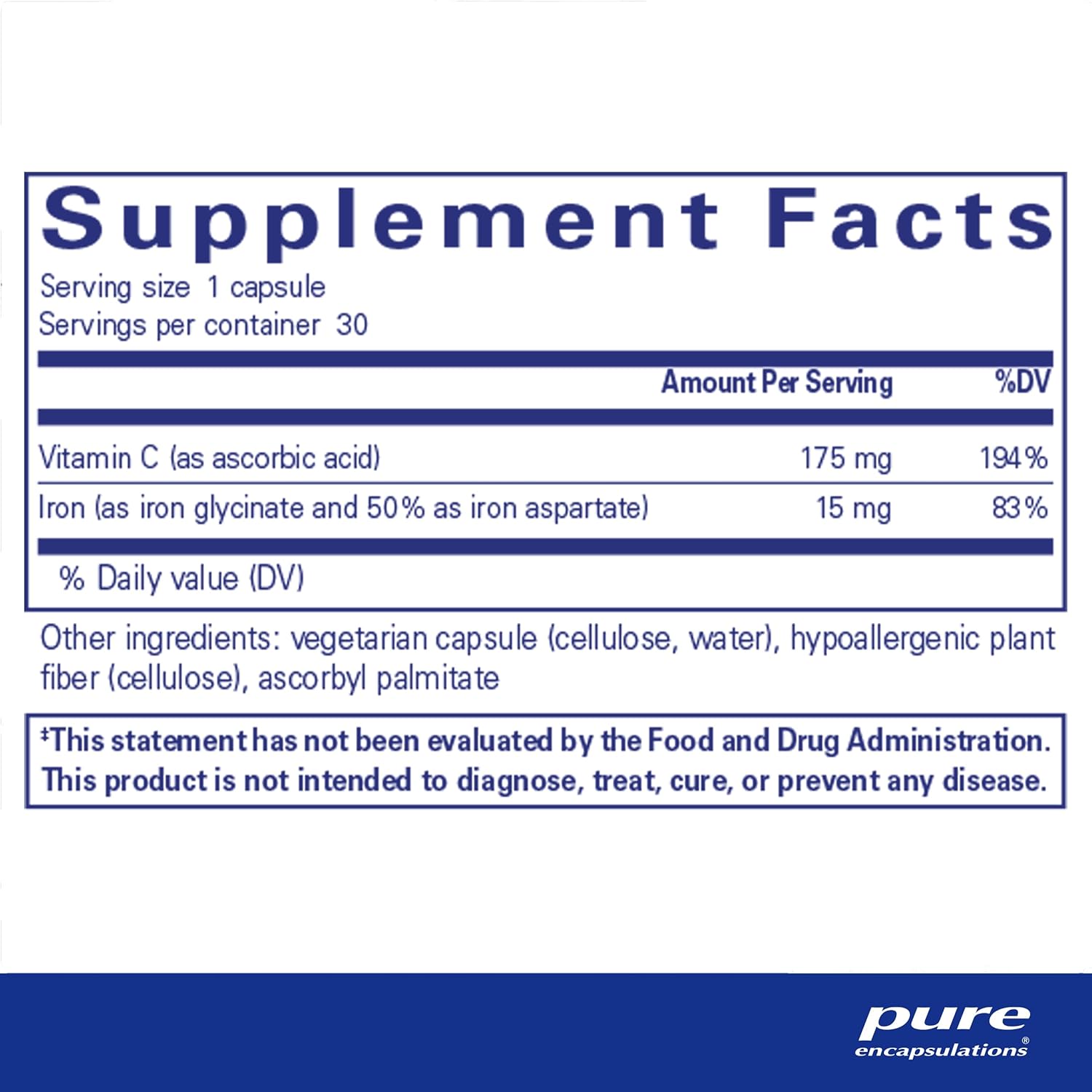 Pure Encapsulations Iron-C - 15 mg - 175 mg Vitamin C - Red Blood Cell Support* - Energy Production - Highly Bioavailable Iron Pill - Gluten Free & Vegan - 30 Capsules