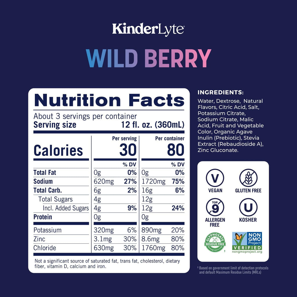 KinderLyte Advanced Electrolyte Solution for Kids and Adults - Hydration Drink (Wild Berry, 6 Count), With PreMax Prebiotics, No Artificial Sweeteners or Flavors, No Synthetic Dyes