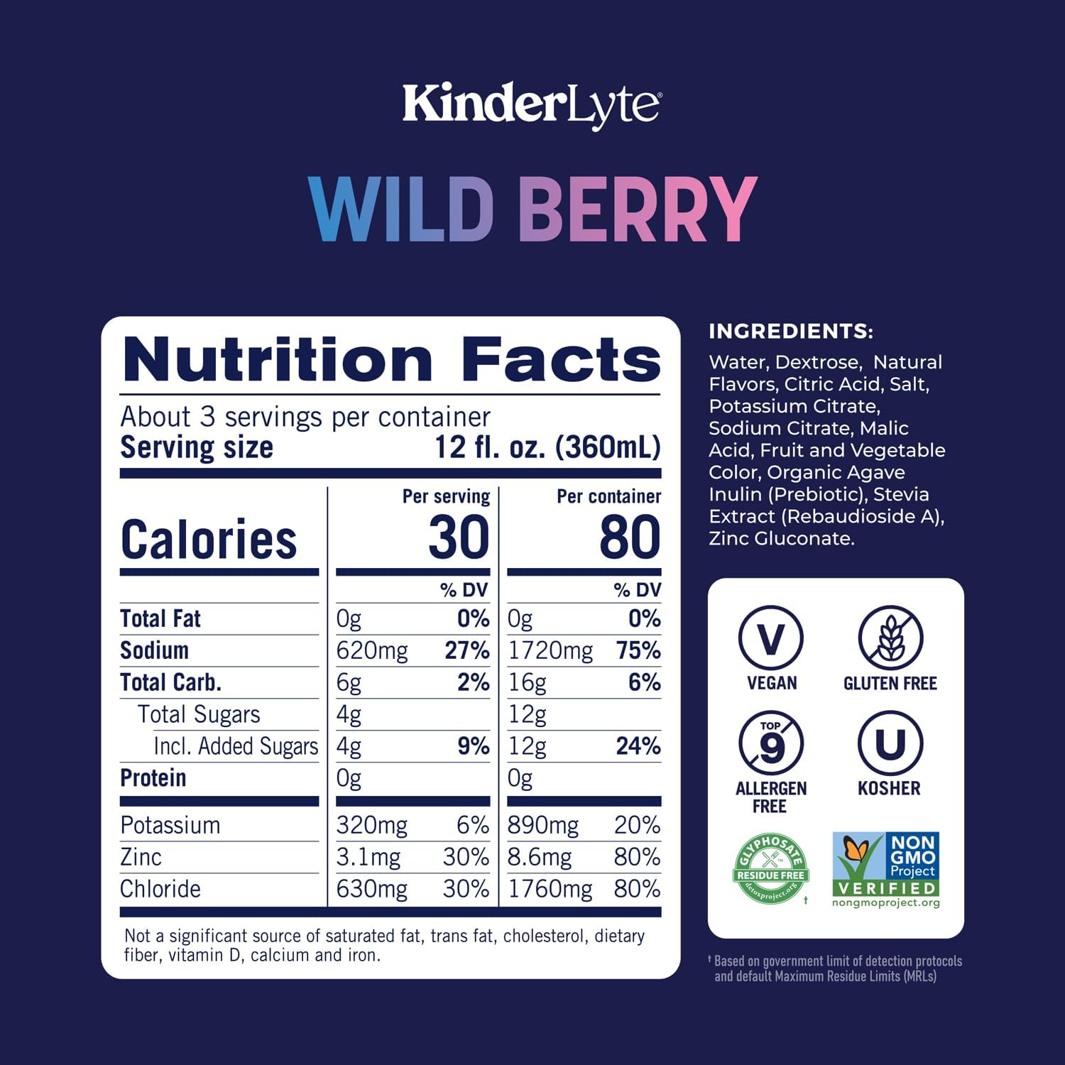 KinderLyte Advanced Electrolyte Solution for Kids and Adults - Hydration Drink (Wild Berry, 6 Count), With PreMax Prebiotics, No Artificial Sweeteners or Flavors, No Synthetic Dyes