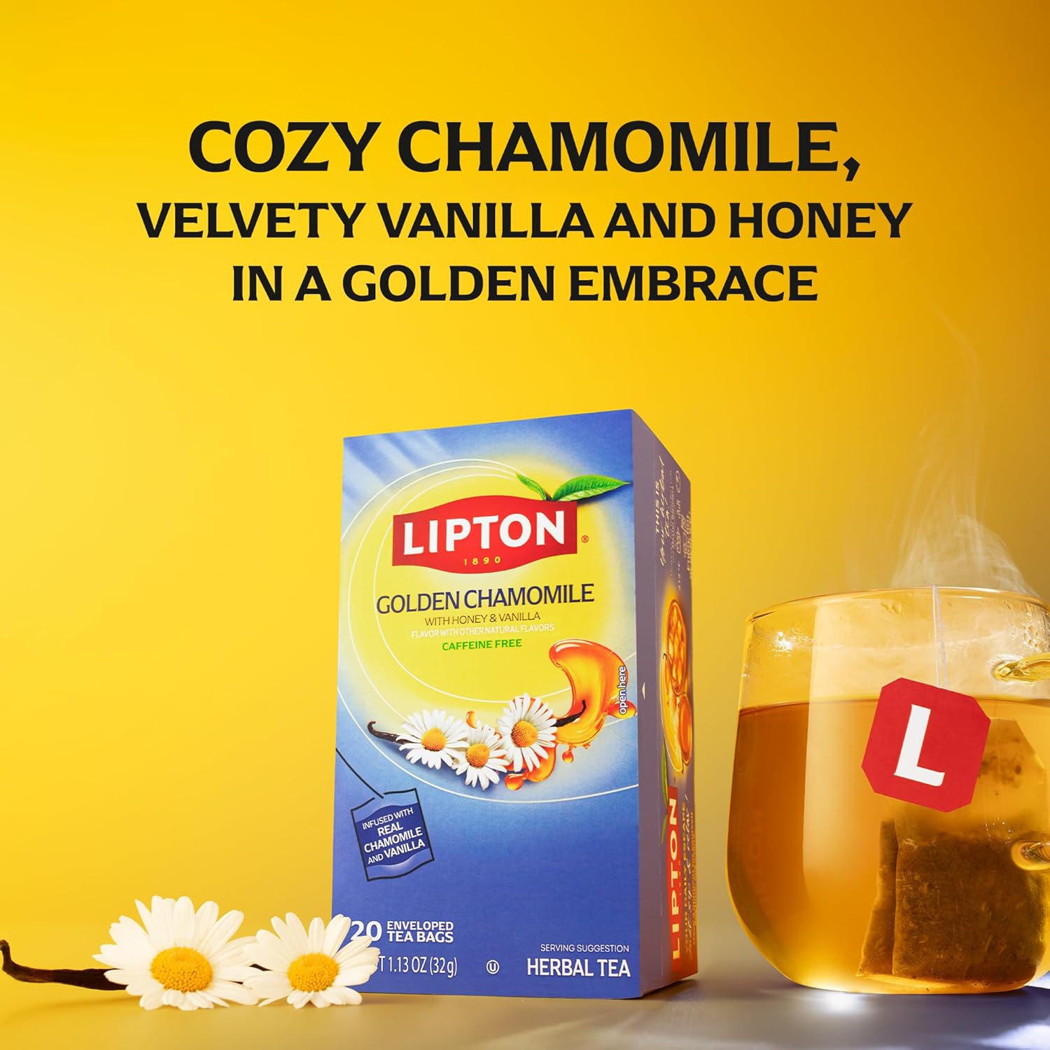 Lipton Golden Chamomile with Honey and Vanilla Tea Bags, caffeine free Tea, Herbal Tea, Individually Wrapped, 20 Tea Bags