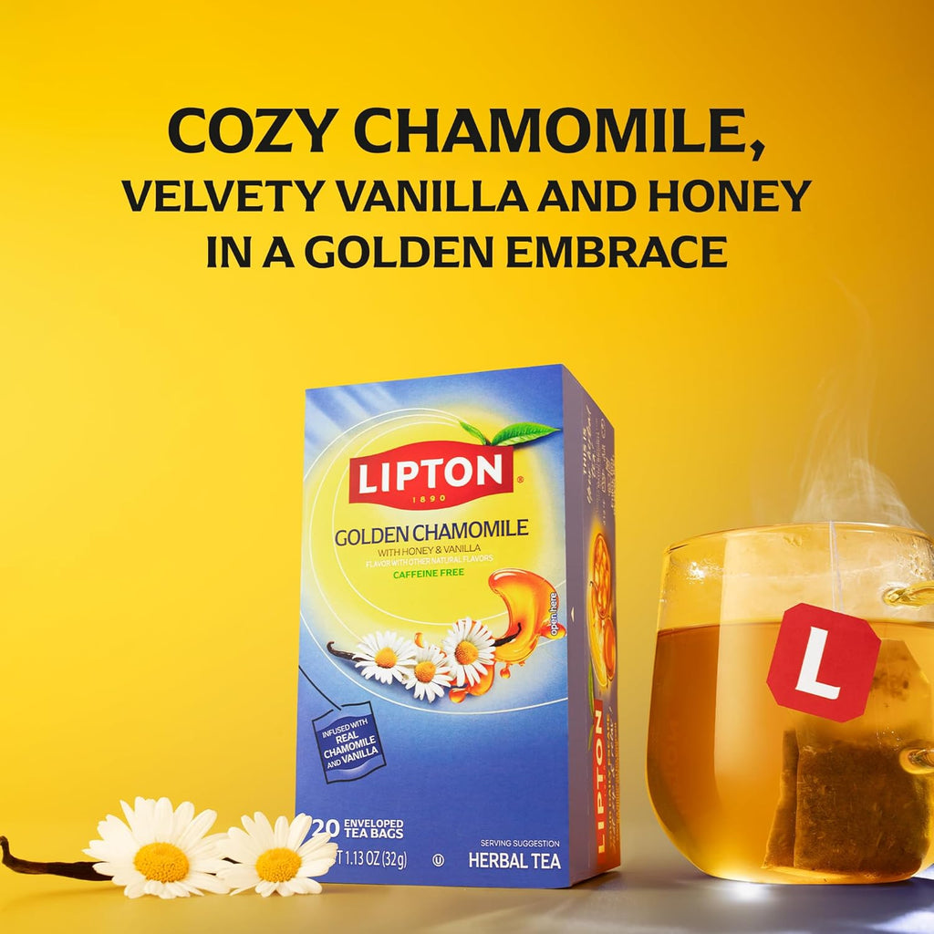 Lipton Golden Chamomile with Honey and Vanilla Tea Bags, Caffeine Free Tea, Herbal Tea, Individually Wrapped, 80 Total tea Bags (20ct - Pack of 4)