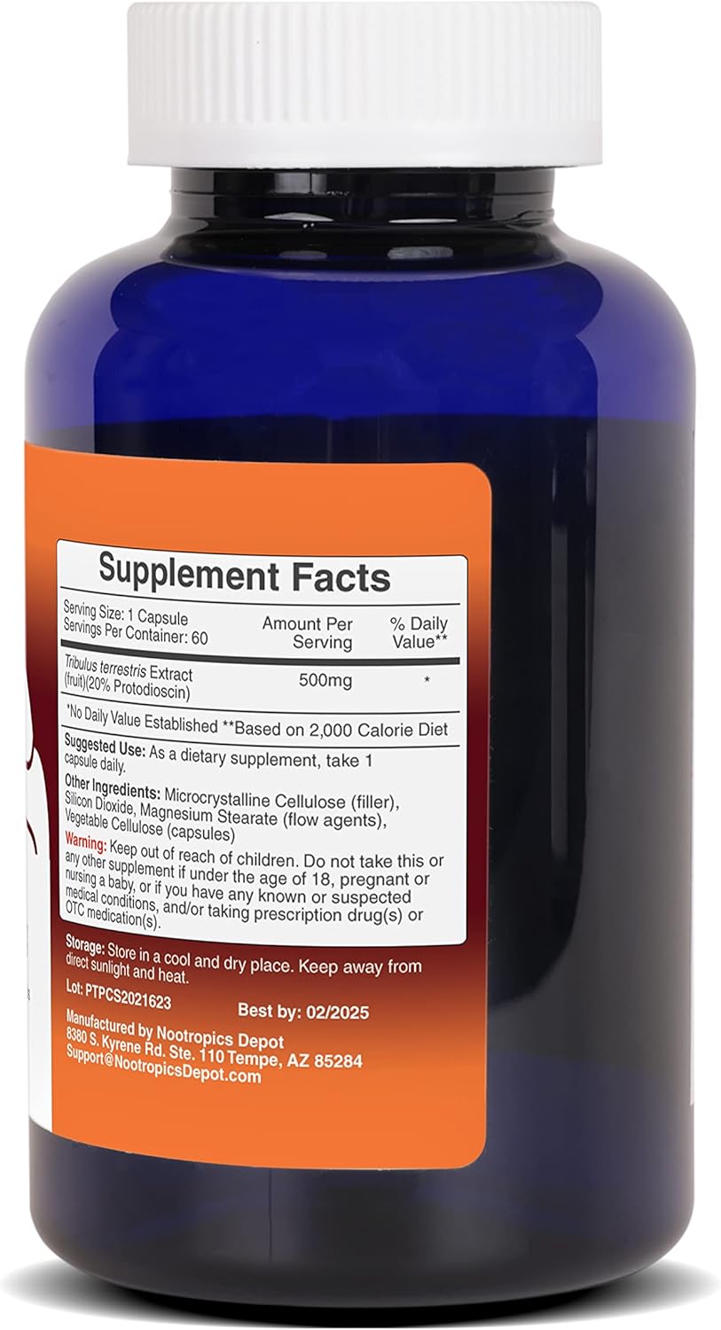 Nootropics Depot Tribulus Extract Capsules | 500mg | 20% Protodioscin | Tribulus terrestris | Fitness, Mood, & Vitality | 60 Count