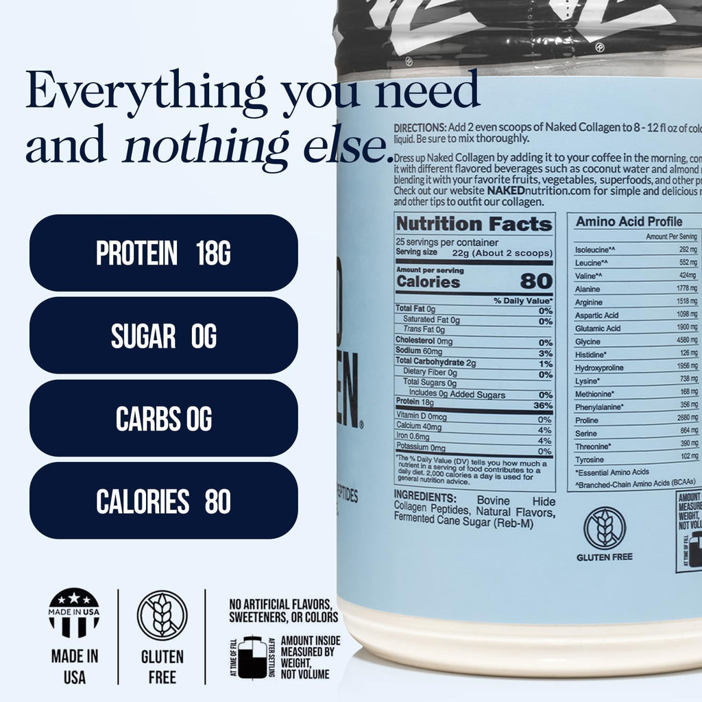 NAKED Caramel Collagen Peptides Protein Powder, 25 Servings, Pasture-Raised, Grass-Fed Hydrolyzed Collagen Supplement, Paleo Friendly, Non-GMO, Keto, Gluten Free, 20oz