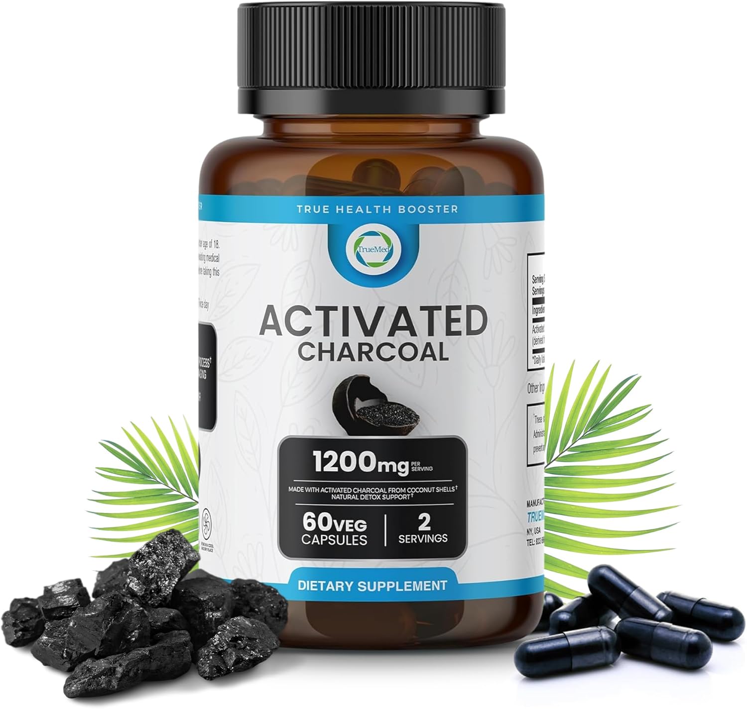 Activated Charcoal Capsules 1200 MG, 60 Veg Caps, 30-Days Premium Detox & Digestive Support, Gas & Bloating Relief, Organic Coconut Shell Charcoal, Gut Health, USA Made.