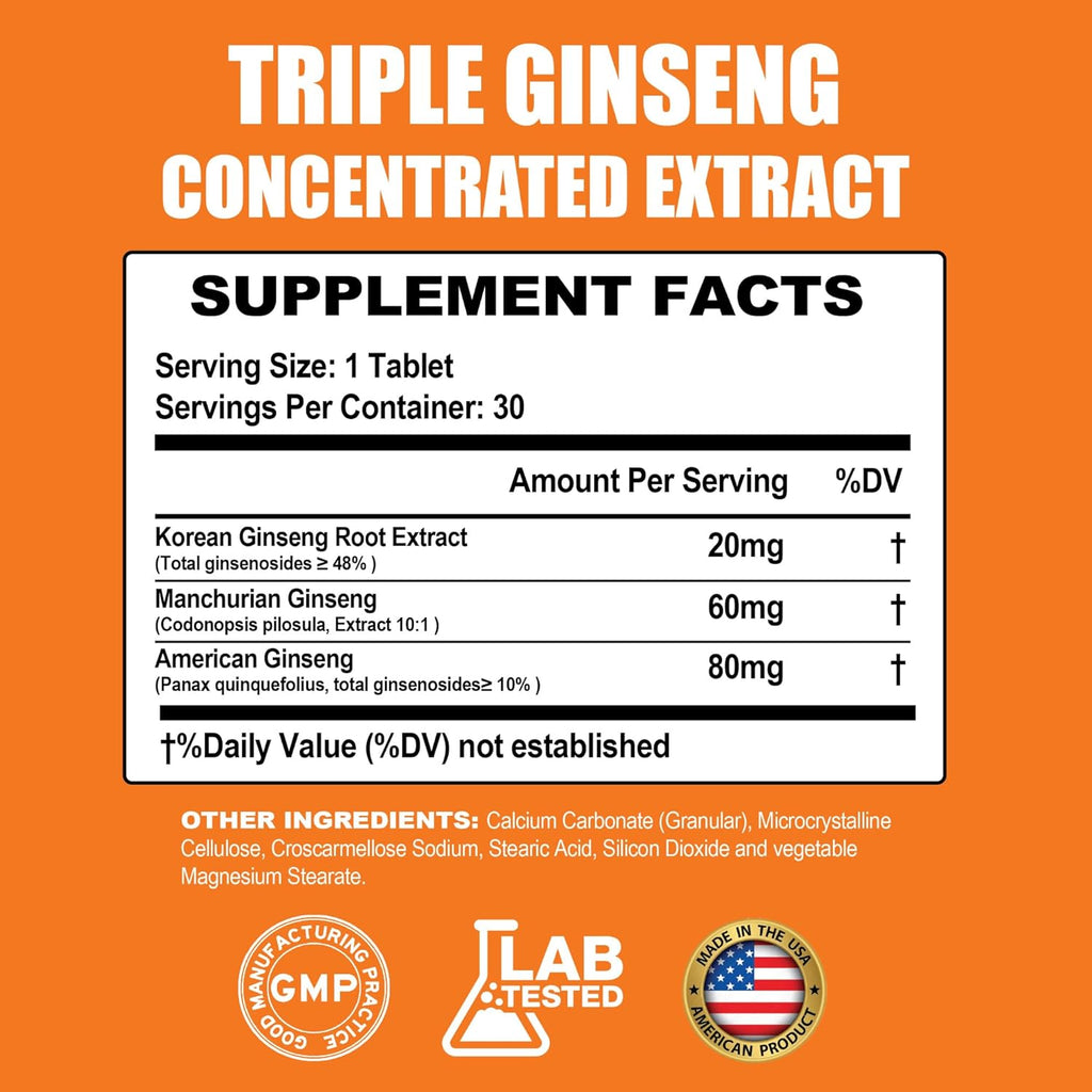 Triple Ginseng Complex, Ultra Potency 15% Ginsenosides from 3 Panax Ginseng Extract for Energy, Memory, Vitality & Immune Support, Healthy Aging for Elderly, 30 Tablets