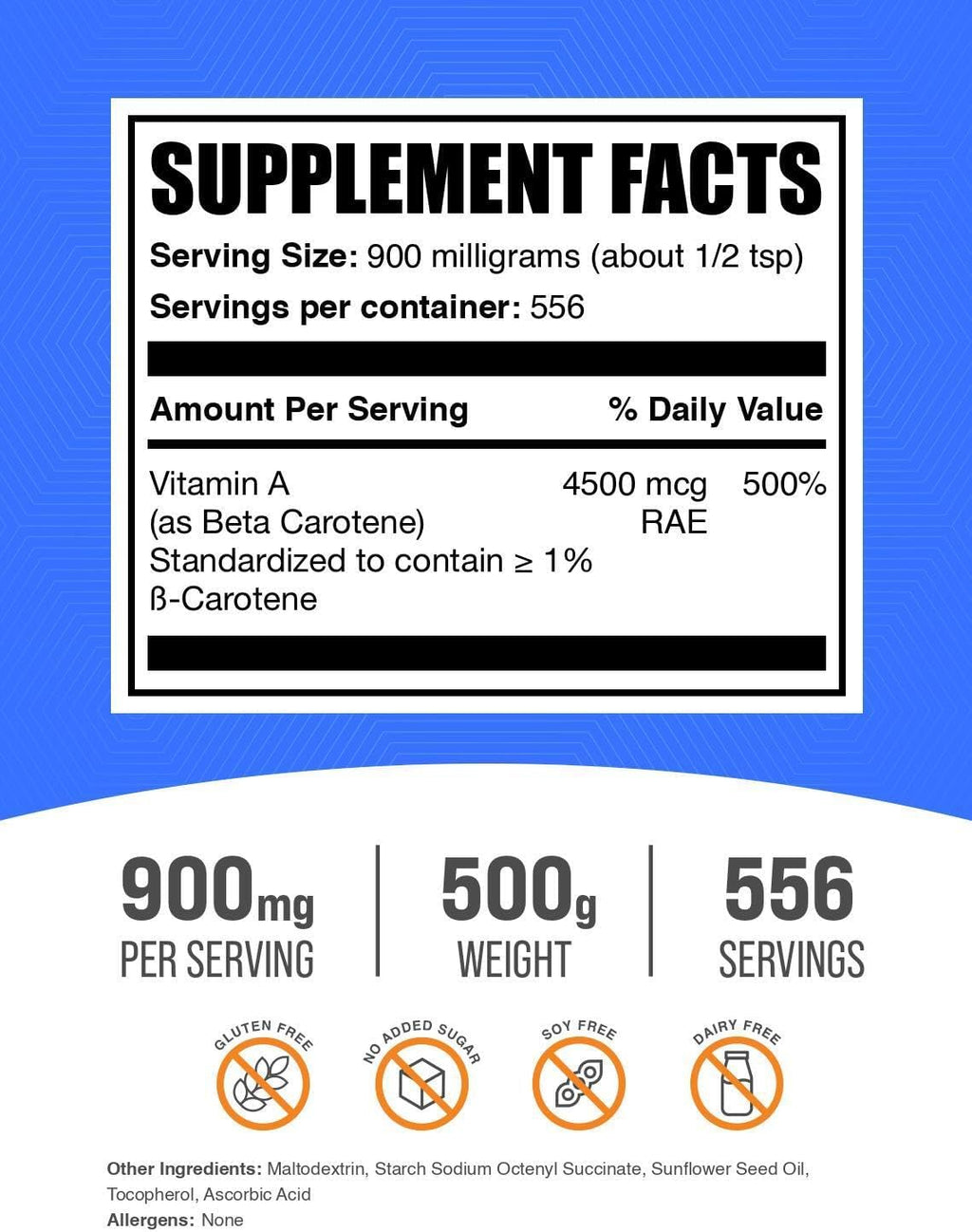 BulkSupplements.com Beta Carotene Powder - Vitamin A Supplements, Beta Carotene Supplements - for Vision & Eye Support, Gluten Free, 900mg per Serving, 500g (1.1 lbs) (Pack of 1)