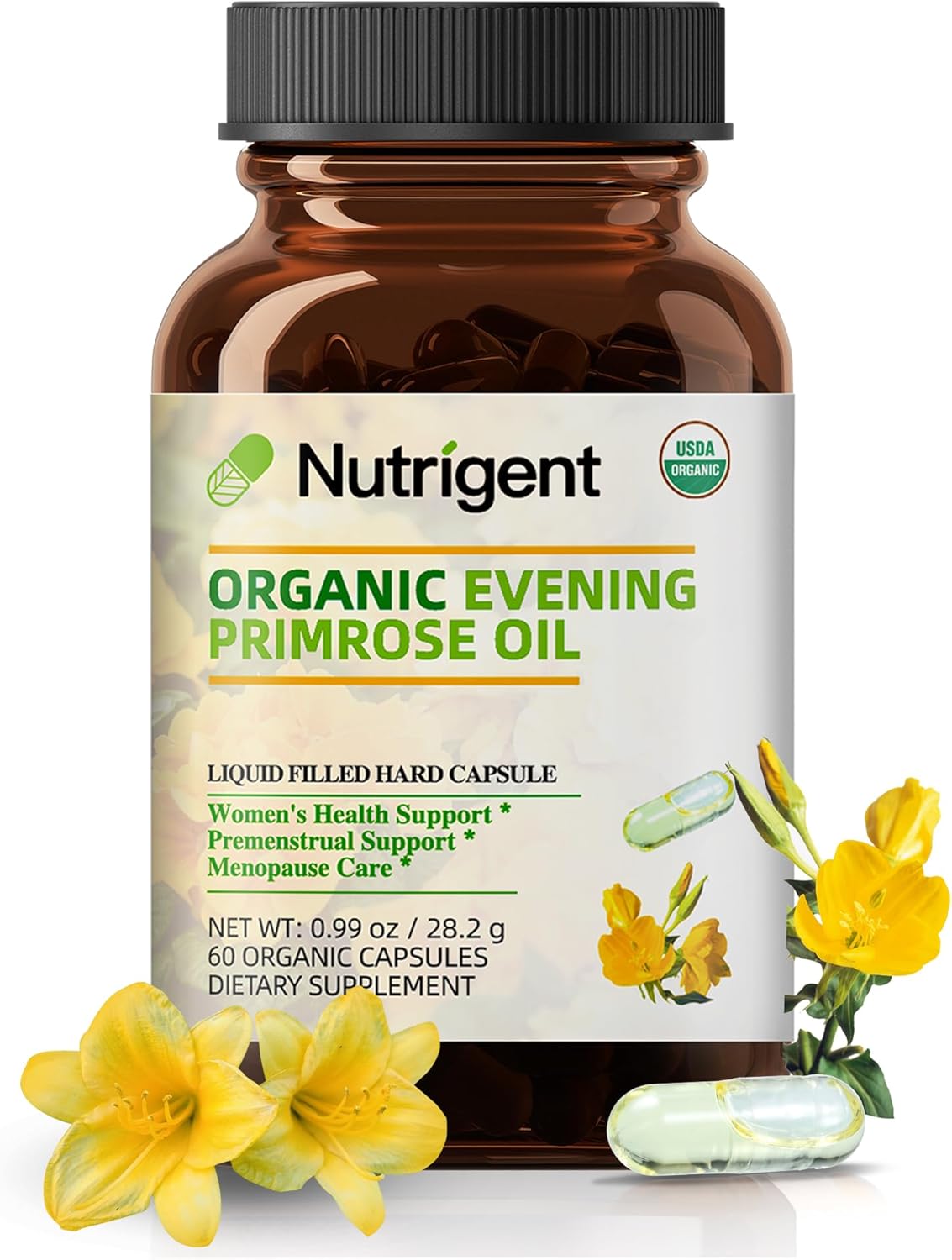 Organic Evening Primrose Oil Supplement, 940 mg 100% Pure with 10% GLA, High Absorption Liquid Organic Capsules, Promotes Women's Health & Skin Health, Cold Pressed, 60 Count