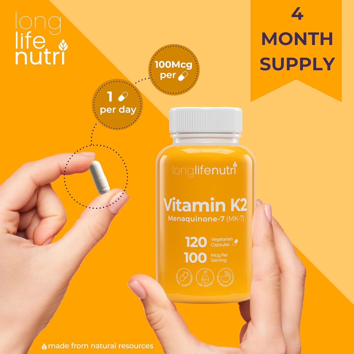 Vitamin K2 MK-7 100mcg – Nutrient Support for Bones and Circulation, 120 Vegetarian Capsules, 4-Month Supply, Lab Tested, Made in The USA, Non-GMO